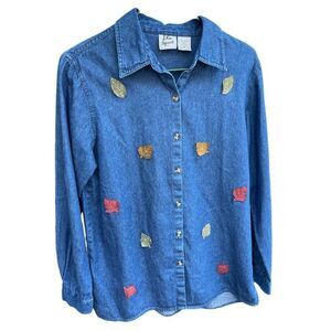 Vintage LG size M oversized denim button down suede tunic leaves